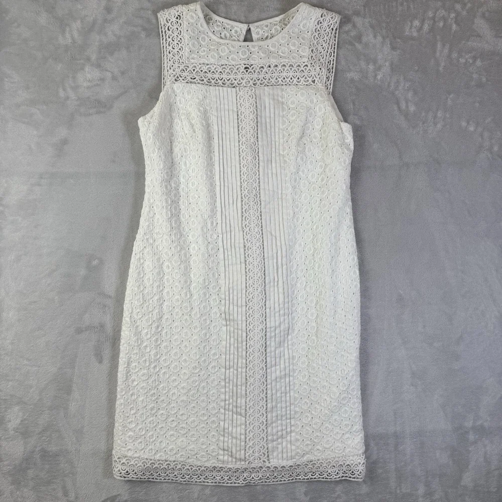 Adrianna Papell Mixed Lace Cotton Shift Dress Size 10 White Sleeveless High Neck